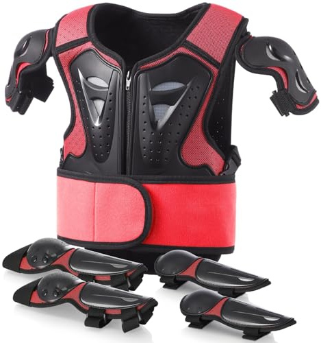 Peto Motocross Niño con Protecciones, Youth Chest Protector con Coderas y Rodilleras, Armadura Moto Infantil Ajustable para Dirt Bike, Ciclismo, Patinaje y Scooter para Edades 4–12 (Rojo)