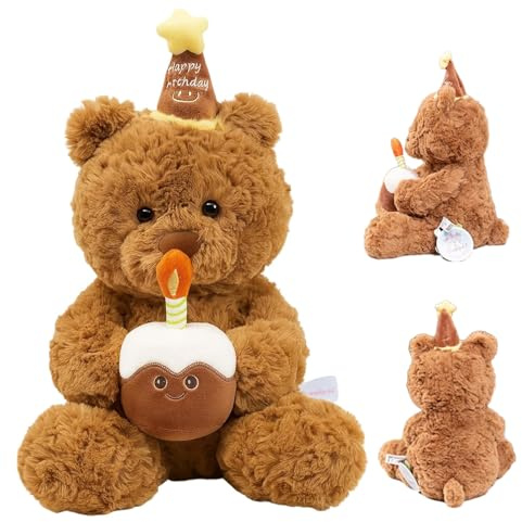 LINYIJOY Teddy Plüschtier, 30cm Teddybär Plüschteddy Nette Plüsch Spielzeug Mit Kuchen Und Hat, Teddy Bear Plüschtier Happy Birthday Teddybär Schmusetier Plüschtier für Mädchen Jungen Geburtstag