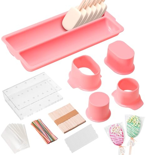 UwinVwin Cakesicle Cutter and Cake Pop Mold Set with Acrylic Stands, Tray, Sticks, Cellophane Bags & Ties – Complete Baking Kit for Home Party Wedding Desserts Pink
