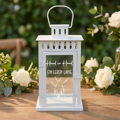 BBTO Hochzeitslaterne mit 2 m LED Lichter 27 x 15 x 15 cm, Hand in Hand | Lichtern Laternen, Hochzeitsgeschenk Brautpaar, Jubiläumsgeschenk, Tischdekoration für Den Außenbereich, Weiße Metallgravur