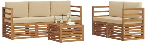 vidaXL Sofagarnituren 6 pcs Natur und Beige Massivholz Akazie, Moderne Gartenmöbel, strapazierfähiges Outdoor-Sofa, Lounge-Set für die Terrasse, bequemes Sitzen draußen