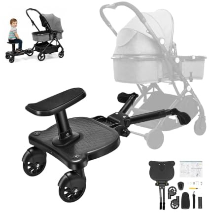 EGBNSY Silla Bebe, Patinete Carro Bebe Universal, Accesorios Bebe, 25kg Carga, Tabla 33x24,5cm, Longitud Ajustable 54-58,5cm, Con Asiento, Patin Carro Bebe Universal para 3-7 Años (Negro)