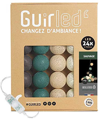 GuirLED - LED Baumwollkugeln Lichterkette USB - Baby Nachtlicht 2h - Dual USB 2A Netzteil enthalten - 3 Intensitäten - 24 Kugeln 2.4m - Sauvage