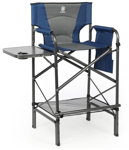 EVER ADVANCED Tall Folding Chair 30.7 Seat Height Directors Chair High Foldable Bar Stool for Makeup Artist Face Painting with Side Table Cup Holder and Storage Pocket Supports 350LBS (Blue/Grey)