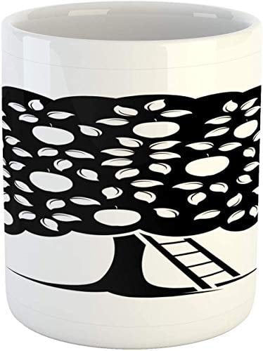 Apple Tree Mug,Monochromatic Style Illustration of Fruit Garden with a Ladder,Ceramic Coffee Mug Cup for Water Tea Drinks,11 oz,Charcoal Grey and White