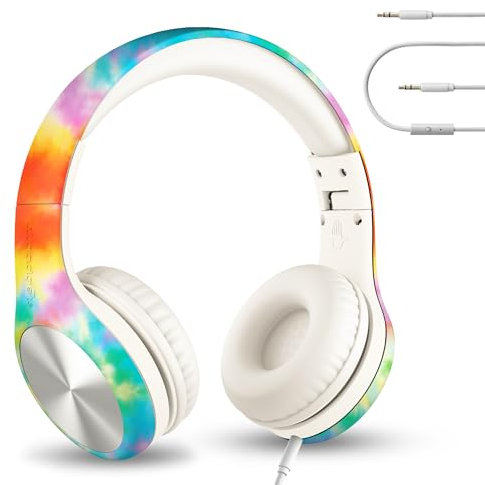 LilGadgets Connect+ Pro Girls Headphones for School - Designed with Kids' Comfort in Mind, Foldable Over-Ear Headset with in-line Microphone, Headphones for Kids for School, Tie Dye Rainbow