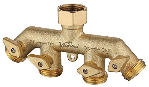 VOURUNA Premium Heavy Duty Brass 4 Way Garden Hose Splitter Improved, NPT3/4 Copper Four Outlet Faucet Diverter Valve, Outdoor Garden Manifold Adapter Connector (4-way)