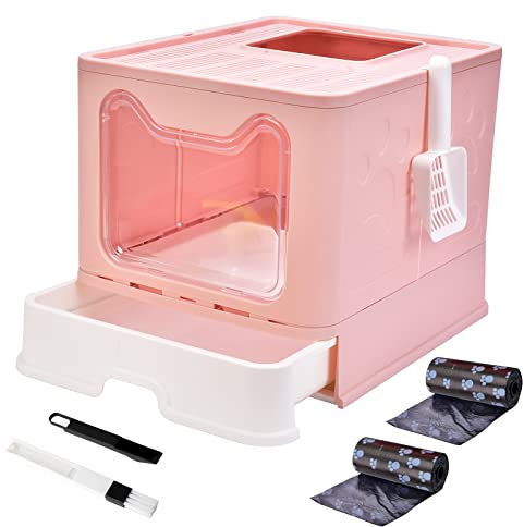 Panghuhu88 Foldable Cat Litter Box with Lid, Large Top Entry Cat Toilet, Enclosed Cat Potty Include Cat Litter Scoop, Drawer Type Easy Clean Cat Litter Pan (Pink, 20 L x 16 W x 15 H)