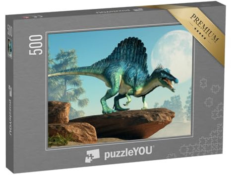 puzzleYOU: Puzzle 500 Teile „3D-Illustration: EIN Spinosaurus auf Einer Klippe bei Mondschein“ – aus der Puzzle-Kollektion Dinosaurier, Tiere aus Fantasy & Urzeit