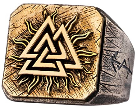 WYPAN Wikinger Ringe Für Männer Sterlingsilber, Handgefertigt Graviert Nordische Mythologie Valknut Runensymbol Vintage Heidnisch, Nordischer Schmuck Biker Jungen Geschenke, Gold