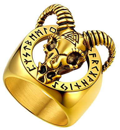 U7 Schädel Ziegenkopf Ringe für Männer 18k vergoldet Großer Ring Hip Hop Street Style Fingerring Satanic Runenring Casual Modeschmuck für Vatertag Halloween(Ring Größe 62)
