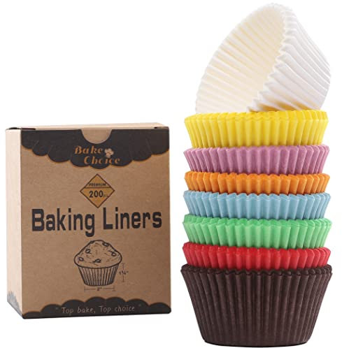 Bake Choice Papel para Cupcakes y muffins 200 pzes Cápsulas Magdalenas para Hornear,Grado Alimenticio Antiadherente en Pergamino para Fiesta de Cafeterías,Pastelerías,Bodas,Cumpleaños,Multicolor
