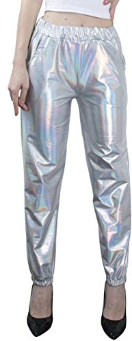 NewL Damen Metallic Glänzend Jogger Casual Holographische Farbe Streetwear Hose Hip Hop Mode Glatte Elastische Hose, Silber, M