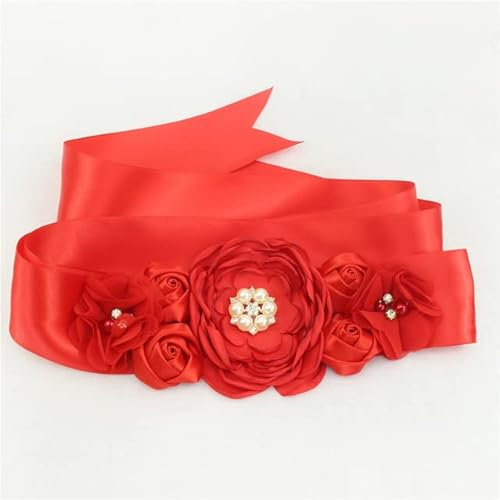 Elegante Satin-Blumenschärpe für Damen, handgefertigt, Perlenbund, Brautband, Kummerbund, Hochzeitskleid, Taillengürtel, rot, Einheitsgröße