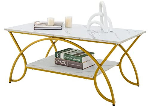 GIANTEX Couchtisch Marmor Gold, Wohnzimmertisch modern, Kaffeetisch Teetisch 2 Ablagen, Sofatisch Teetisch 100x50x45 cm, Akzenttisch mit Metallbeinen, Beistelltisch mit Marmoroptik