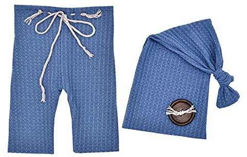 Youyu77 Baby Schlafmützen Neugeborenes Baby Zweiteiliger Anzug Schläfrige Mütze und Hose Set Fotografie Prop gestrickte Knotenknopf-Hut-Sets Strick Body Baby (Blue, One Size)