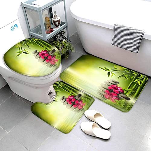 QALEYA Zen Badematten 3 Teilig Set Bambus Steine Blumen rutschfest Saugfähiger Badezimmerteppich, U-förmiger Kontur Teppich, WC-Deckel Waschbar Duschvorleger Badaccessoires 40x60cm