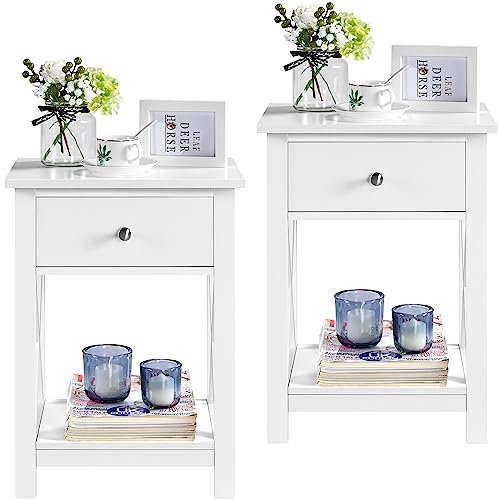 Yaheetech 2pcs Bedside Table, X Shaped Nightstand Cabinet with Storage Drawer, Wood Sofa Side End Table with Open Shelf for Living Room/Bedroom/Small Space, 30×40×55cm, White