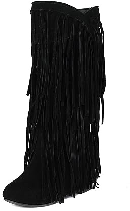gongxifacai Womens Fringe Western Boots Fashion Hidden Heel Knee-high Boots