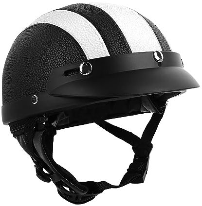 Motorradhelm, Motorrad-Retro-Helm PU-Leder Halbgesichtshelm Motorrad-Sporthelm Rollerhelm atmungsaktiver Sommerhelm Leichter Design-Halbhelm, Universalgröße (Schwarz-weißes Leder)