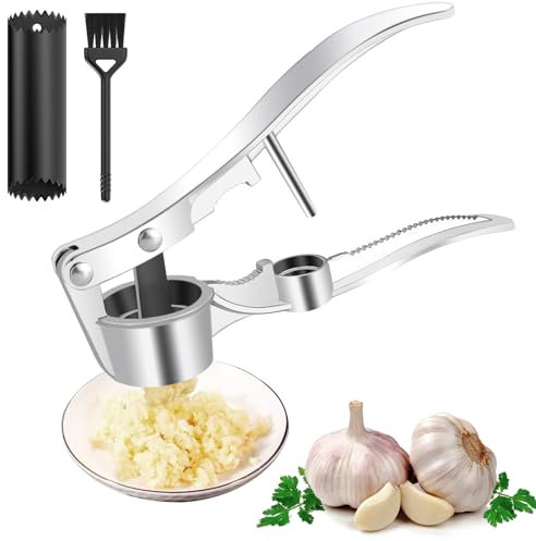 RAFIYU Presse-ail, Presse Ail Inox Professionnel, Coupe Ail Manuel à Usage Intensif, Réutilisable, avec Éplucheur et Brosse de Nettoyage, Lavable en Lave-vaisselle, Facile à Nettoyer