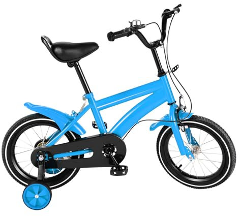 AOOUNGM Vélo pour Enfant de 14 Pouces réglable en Acier au Carbone - Vélo pour garçon et Fille - avec Roues stabilisatrices - Convient pour 3 à 6 Ans - Bleu
