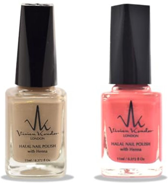 (2Pcs Set) Henna Infused Halal Nail Polish Water Permeable Nail Polish Wudhu and Vegan Friendly Long lasting Shiny Nail polish (Rose Gold + Coral Reef)