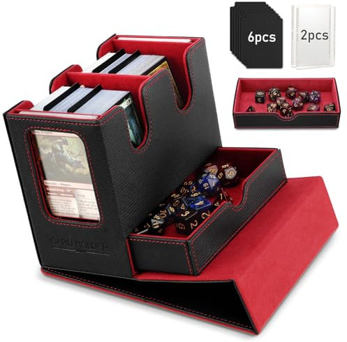TiMOVO MTG Deck Box, MTG Commander Card Deck Box with Commander Display & Dice Tray Fits 400+ Unsleeved Cards, Leather Magnetic Card Storage Case with 6 Dividers for TCG CCG Magic Cards, Black+Red