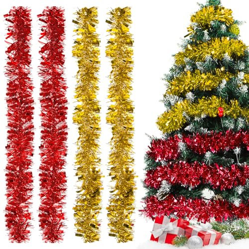 Ghirlanda Albero di Natale Rosso Oro, 4PCS Festoni Natalizi, 2M Festoni Albero di Natale, Ghirlanda Orpelli Natalizia, Ghirlanda Natalizia per Albero Natalizie Decorazioni Casa Interno Esterni