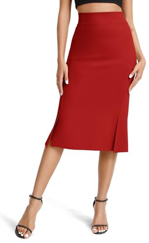 Mujeres Elegante Negocios Elástico Lápiz Falda Alta Cintura Midi Falda con Split(M, Rojo)