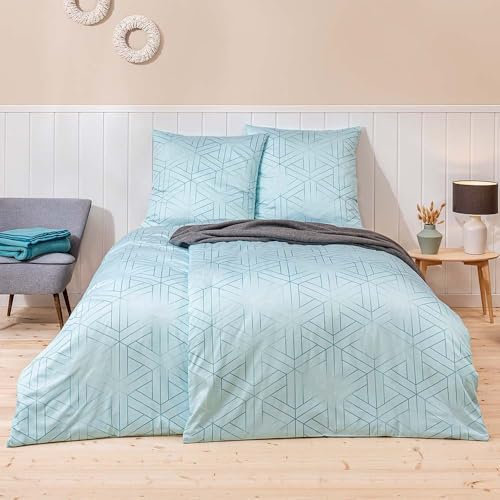 ESTELLA Mako-Satin Bettwäsche 135x200 Luan Azur Uni Waben Rauten 7919-640