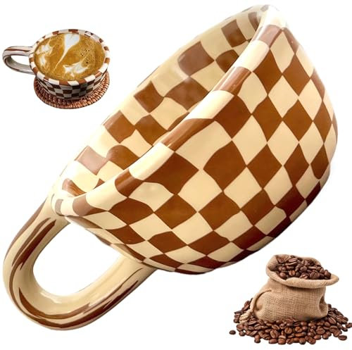 Tasse à damier 170 ml tasse à café en céramique damier avec poignée facile à nettoyer tasse à damier marron pour homme femme bureau décoration de la maison cadeau de pendaison de crémaillère tasse à c