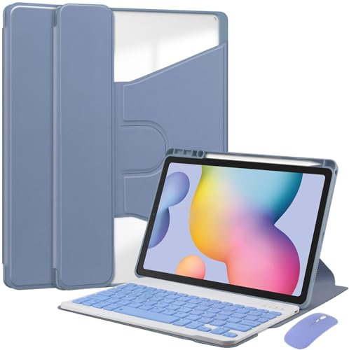 HEKUEUN Funda con Teclado para Samsung Galaxy Tab S6 Lite 10,4 Pulgadas 2024/2022/2020, Teclado Español Ñ Inalámbrico Desmontable, Funda Ultrafina Giratoria 360° con Portalápices Y Ratón,Púrpura