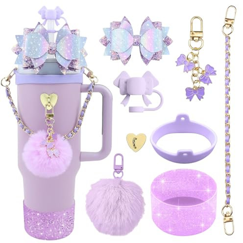 Stanley Cup Accessories Set, 8 PCS Stanley Cup Decor Includes Stanley Straw Cover, Water Bottle Handle Strap, Silicone Stanley Cup Boot, Stanley Charms for Stanley Cup 40oz & 30 oz Tumbler (Purple)