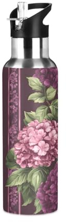 Fuauuyl Dark Burgundy Hydrangeas Insulated Stainless Steel Water Bottle Leak & Sweat Proof Vacuum Water Bottle with Straw for Gym Sport Outdoor-1000ml