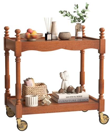 WFSRESTD Holz-Barwagen, Servierwagen mit Rädern für Zuhause, 2 Etagen, Weinglasflasche, rollendes Aufbewahrungsauto für Kaffeebar, Küche, Wohnzimmer, Esszimmer