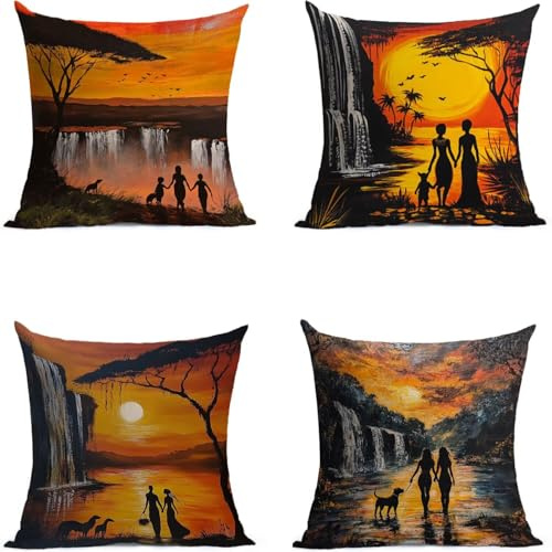 Kissenbezug 40x40 cm Afrika, Kissenhüllen 4 Pack DekoKissen Wasserfest Gartenmöbel Set Frau Balkon Sofa Outdoor kissenbezüge Beidseitiger Druck für Gartenstuhl Deko Wohnzimmer Geschenke LSJ07777