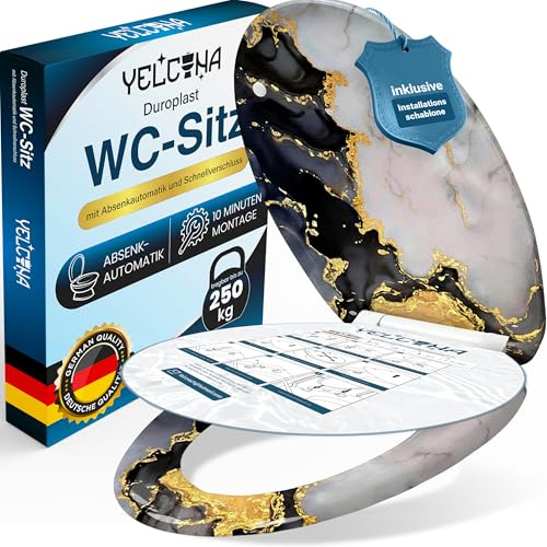 YELCONA Toilettendeckel Mit Absenkautomatik | WC Sitz Mit Absenkautomatik | Klodeckel Mit Absenkautomatik | Antibakteriell, UV-Beständig, Quick-Release Installationsschablone (Abstraktes Marmormuster)