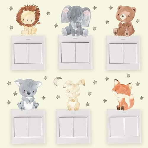 TXDAMAI Stickers Muraux Interrupteur Animal de Dessin Animé Autocollants Muraux Mural Stickers Animaux de la Jungle Lion,éléphant,Ours,Renard,Lapin pour Interrupteur Chambre Salon