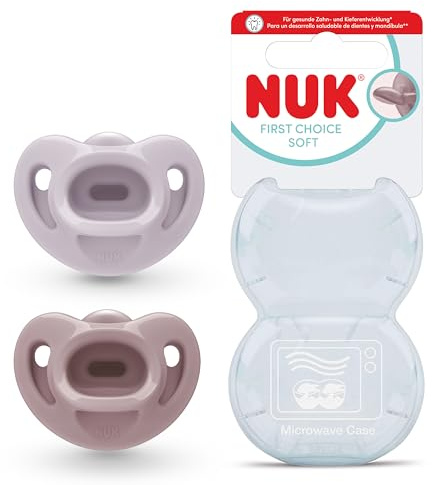 NUK First Choice Soft Baby Schnuller | 0-6 Monate | Orthodontische Schnuller aus superweichem 100% Silikon | 95% Baby-Akzeptanz** | Lila/Rot | 2 Stück