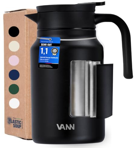 VANN Thermoskanne 1,5l - 3-fach Isolierkanne [24h warm, 36h kalt] | Thermoskanne aus zertifiziertem Edelstahl [BPA-frei] - als Teekanne oder Kaffeekanne - Auslaufsicher - Jug Schwarz