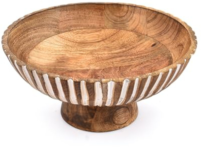 EDHAS Salad Bowl Handcrafted Mango Wood Pedestal Bowl – Burned Inner Bowl & Whitewash Outer Finish, Large Wooden Serving Bowl for Salads, Fruits (10 X 10'' X 4.75)