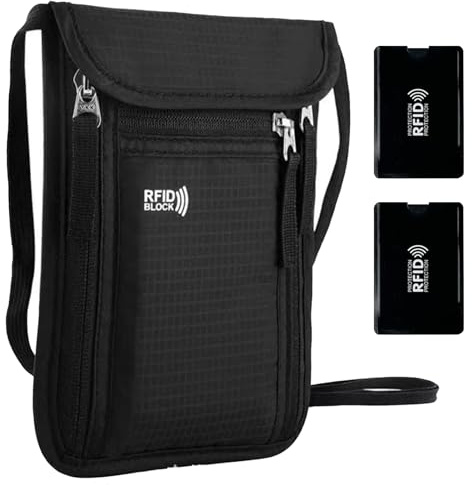 MLPKOI Pochette Tour de Cou Voyage avec Bloqueur RFID, Sac de Cou, Pochette Passeport Voyage Documents, Sac de Passeport Imperméable pour Argent Billet Cartes Clés Éléphone Femme Homme