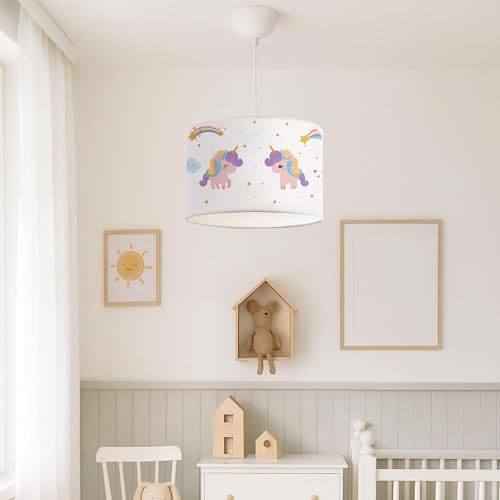 lux.pro Kinderzimmer Lampe Rugby Deckenleuchte E27 LED-geeignet Hängelampe mit Stoffschirm Einhorn-Motiv 70 cm hoch höhenverstellbar Weiß