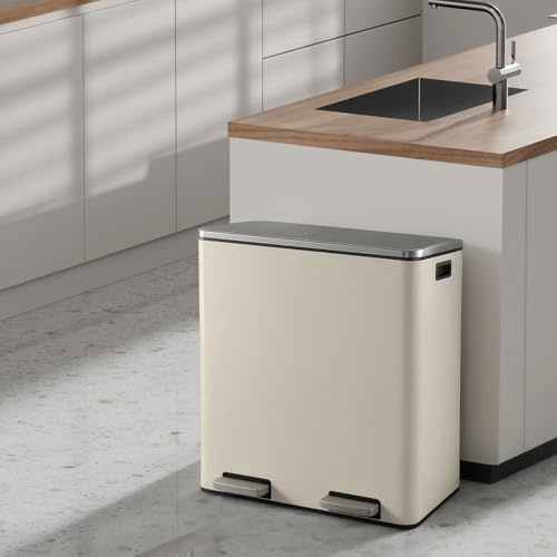 Panana 60L Dual Trash Can Kitchen Waste Rubbish Garbage, Dual Step Garbage Can & Recycle Bin with 2 Removable Inner Buckets (Beige, 60L)