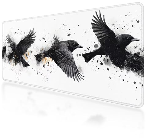 Tapis de Souris de Jeu, Tapis de Souris XXL Blanc 800 x 300 mm, sous Main Bureau avec Coutures sur Les Bords, Mouse Pad Corbeau Imperméable Antidérapant pour Accessoire Bureau, pour Gamer, PC, -879