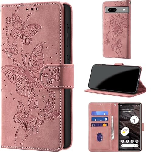 Handyhülle für Google Pixel 7A Hülle, Rosa | Klappbar Premium PU Lederhülle, RFID Schutz, Stoßfeste, Kartenfach, Standfunktion, Magnetverschluss, Leder Prägung, Flip Case