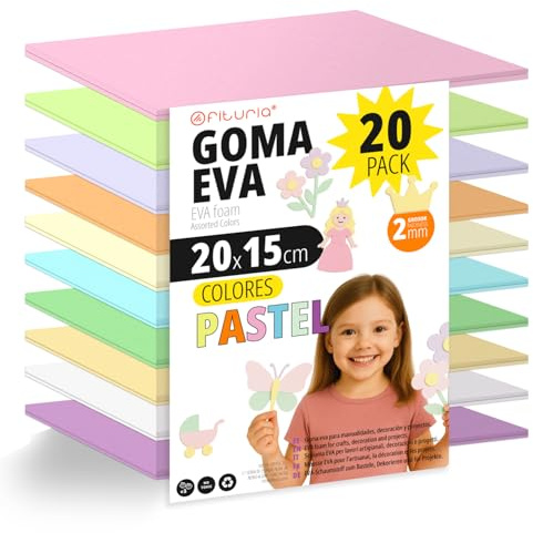 OFITURIA Set mit 20 Moosgummiplatten in Pastellfarben, Größe 20 x 15 cm, 10 sortierte Farben, für Schule oder Beruf, EVA-Schaum (Pastellsortiment)