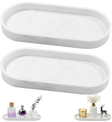 TAIVIN 2 Pcs Bathroom Tray,White Marbling Silicone Vanity Tray,25x11x2 cm