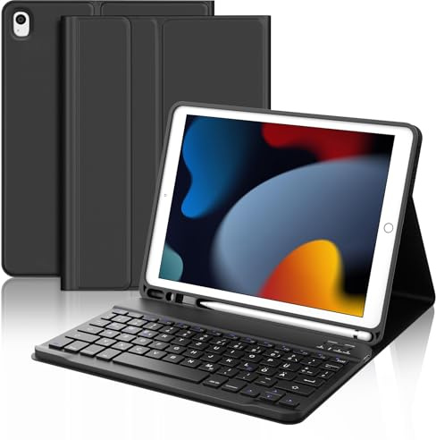 Occtingkind Hülle mit Deutscher QWERTZ-Tastatur für iPad 10.2 9./8./7. Gen & Air 3/Pro 10.5 – 120 Tage Standby, Bluetooth 5.0, Integrierter Stifthalter (ohne Touchpad), Schwarz